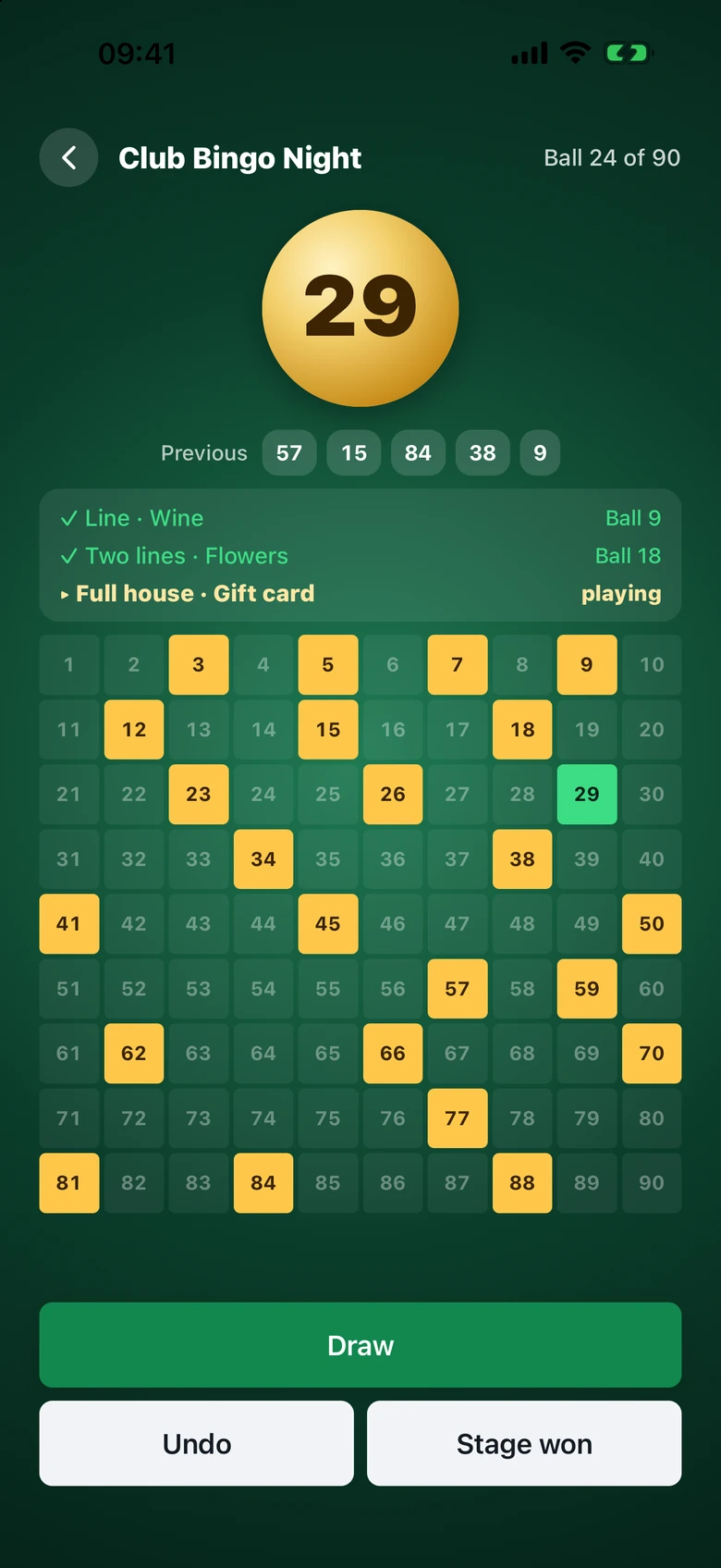 Club Bingo Night showing ball 29, called numbers, and line, two-line, and full-house stages