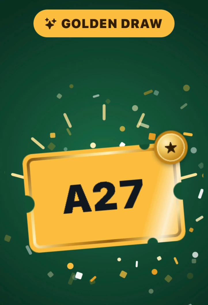 Golden Draw revealing winning ticket A27 with a gold medal and confetti