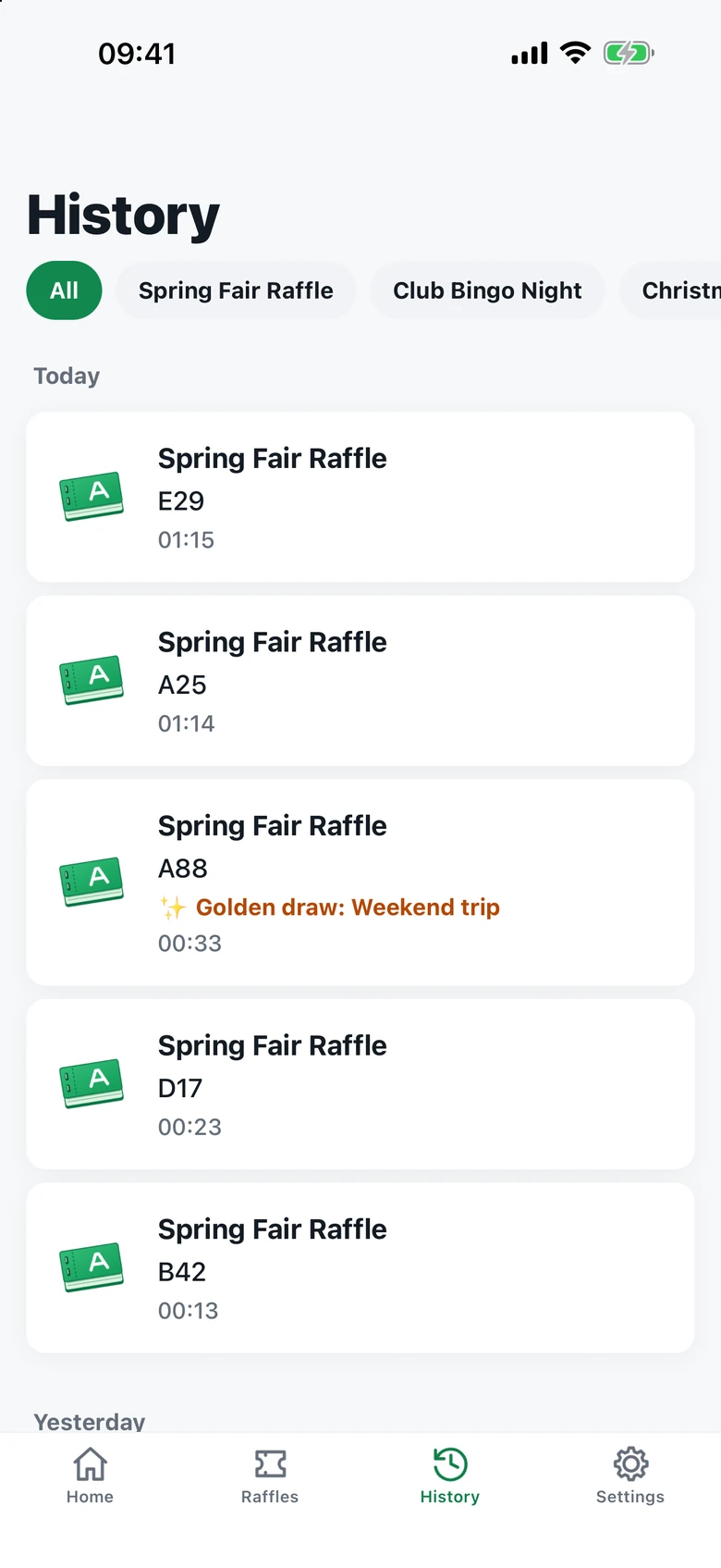Winner history grouped by day, with raffle names and winning tickets