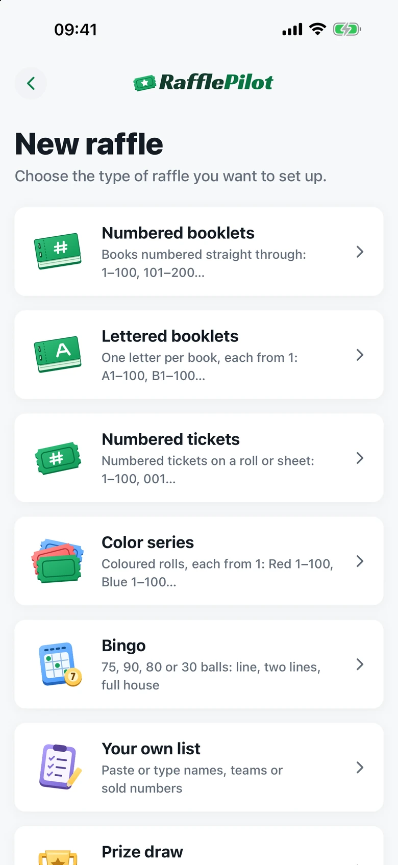 RafflePilot setup with ticket books, color series, bingo, custom lists, and prize draws