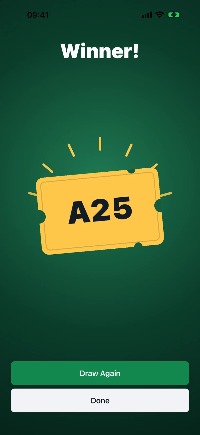 RafflePilot revealing winning ticket A25 on a gold ticket